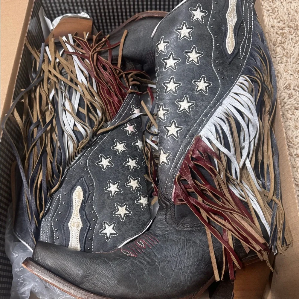 Macie Bean custom Red, white and Blue Western Fringe Star Cowboy Boots - Picture 2 of 5